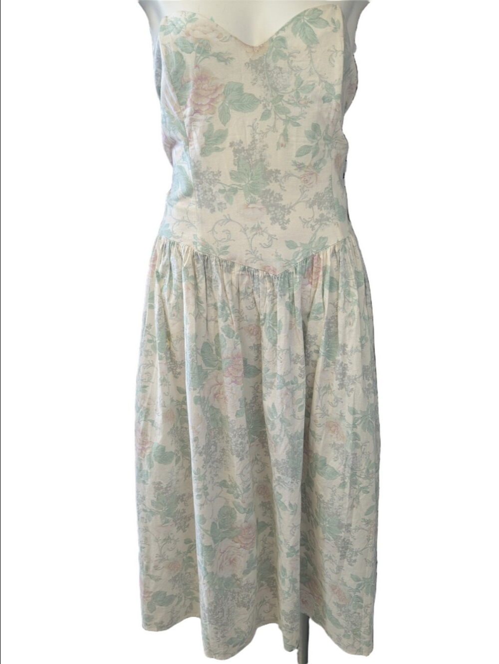 Jessica McClintock Strapless Pale Pastel Floral Midi Dress in Sage Green